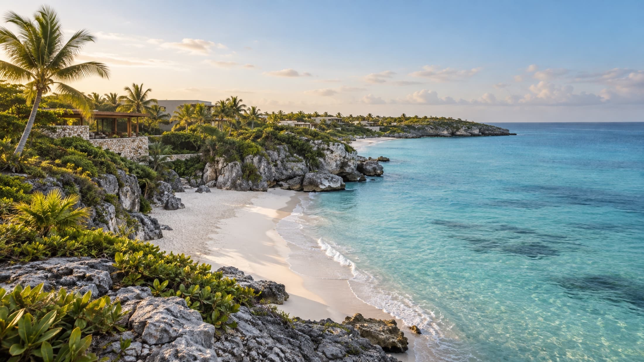 Quiet Caribbean coastline with understated resort architecture among palms