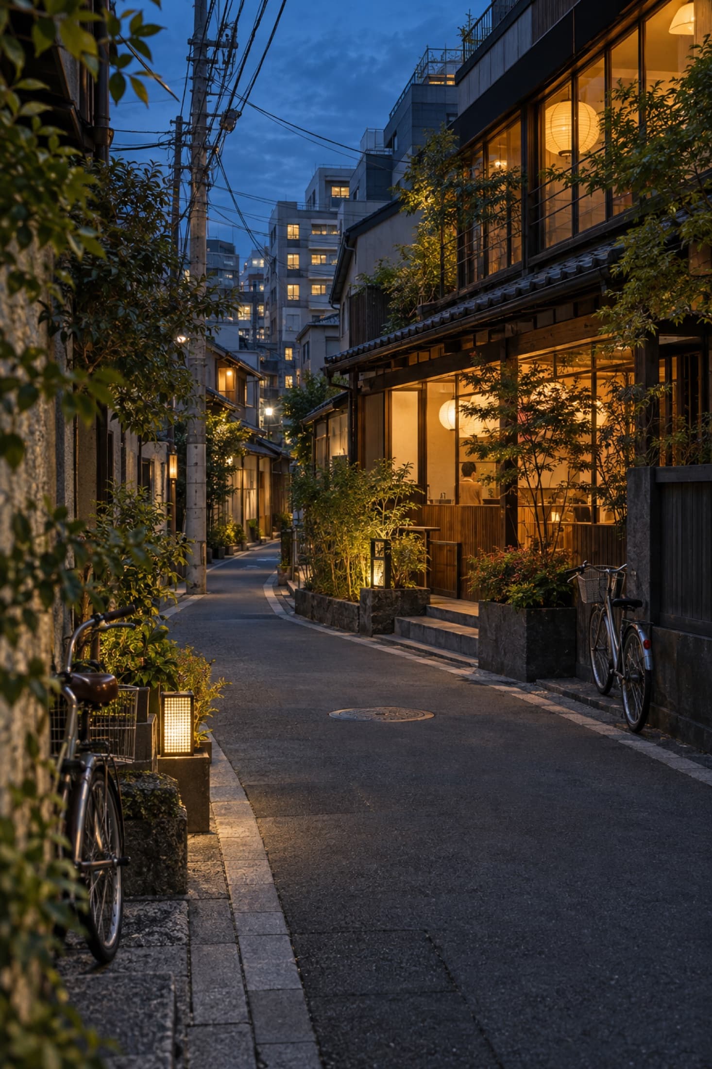 Quiet East Asian neighborhood illuminated at blue hour