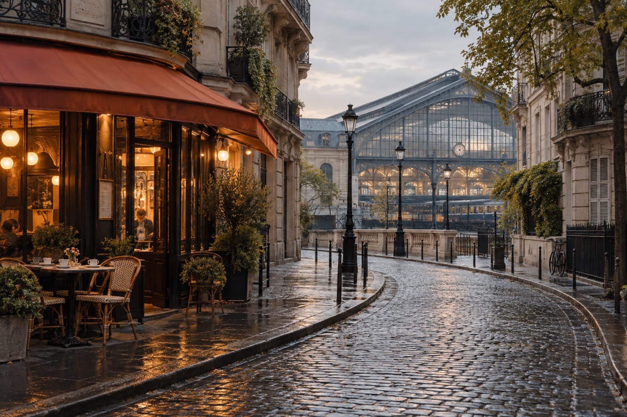 Curving European city street leading from a cafe toward a train station