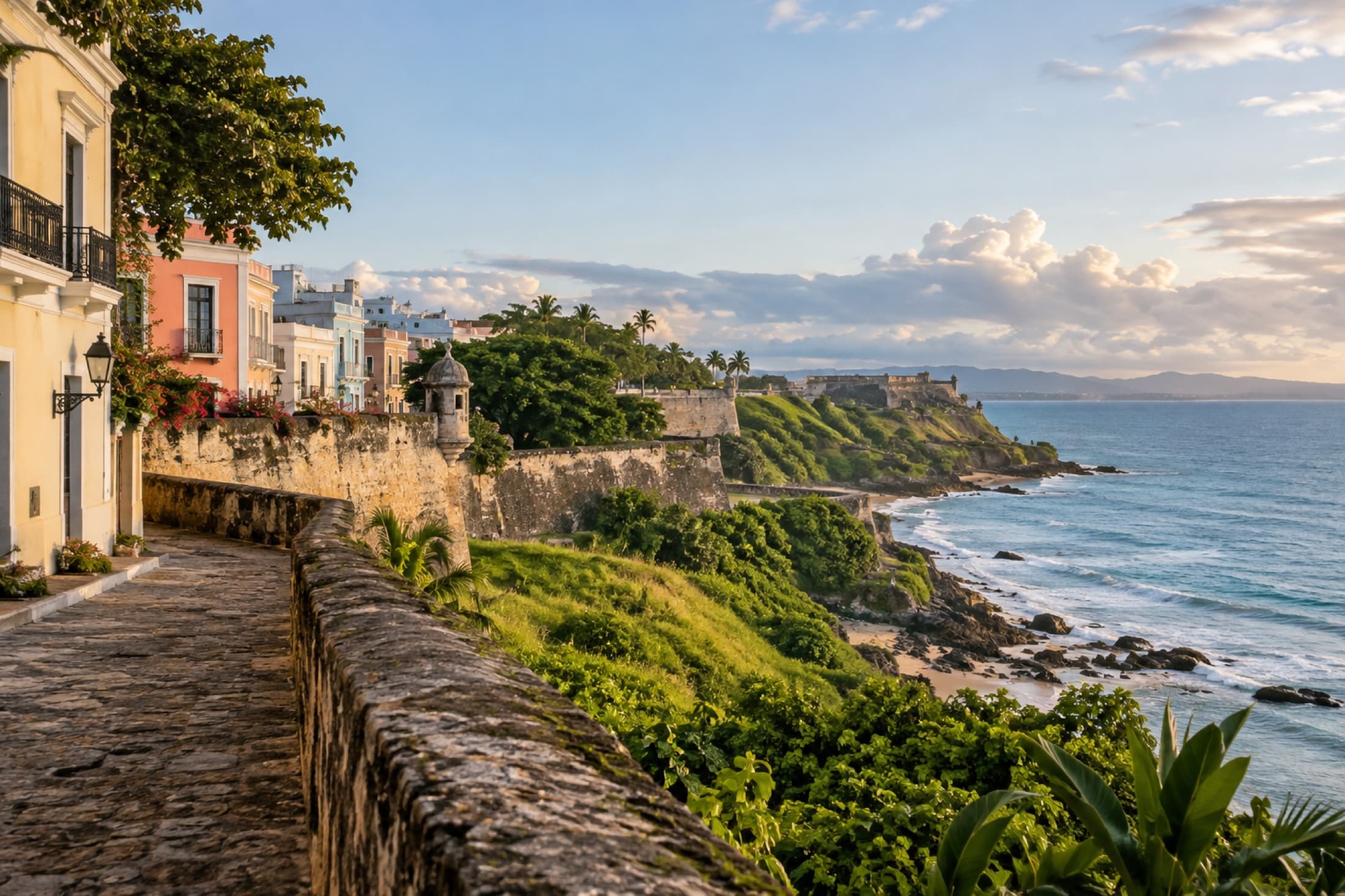 Historic San Juan architecture meeting a green Atlantic coastline